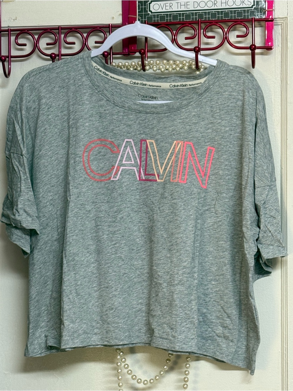Calvin Klein Performance Gray Crop Tee with Pink & Coral Logo